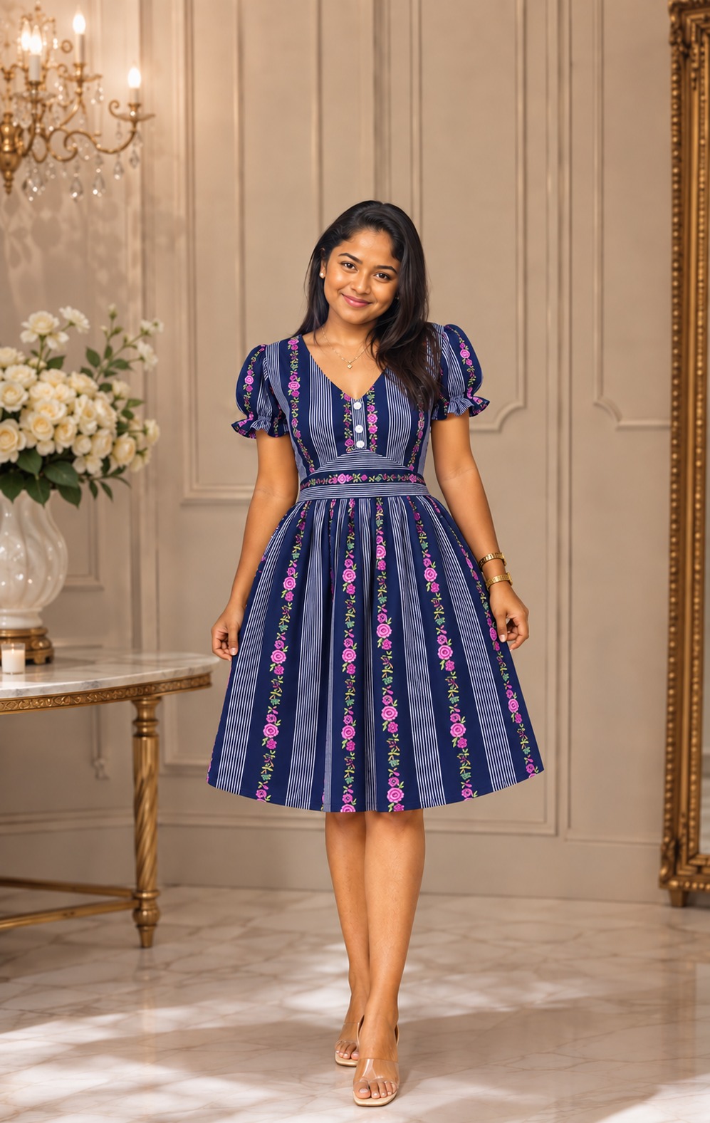 Navy Blue Floral Stripe Puff Sleeve Midi Dress