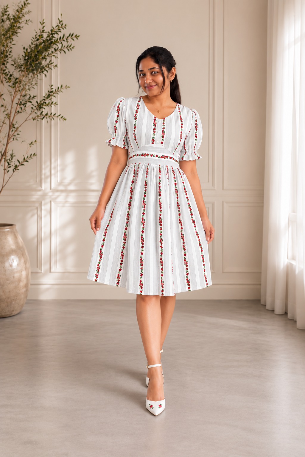 Floral Stripe Puff Sleeve Midi Dress
