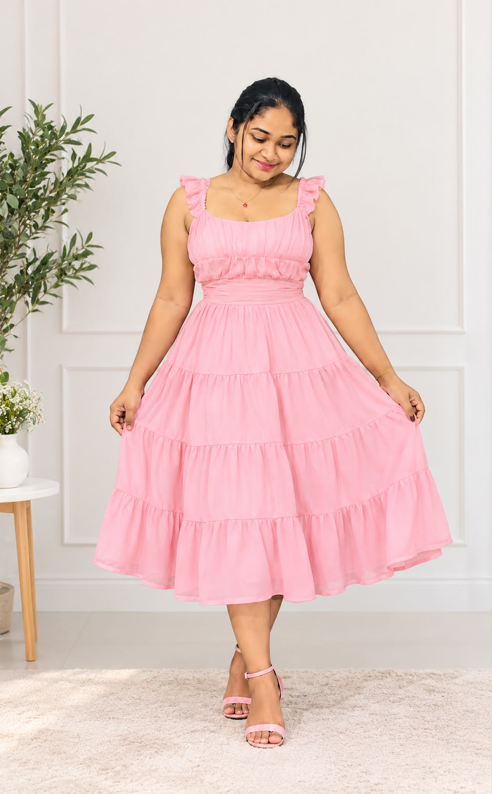Pink Petal Tiered Midi Dress