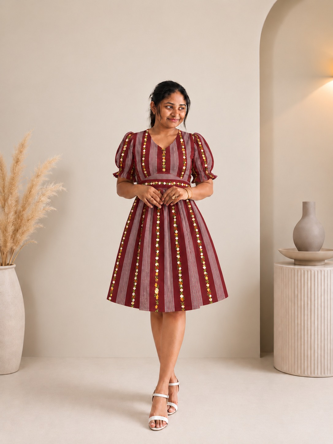 Maroon Blossom Stripe Dress